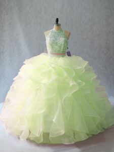 Dynamic Sleeveless Organza Brush Train Backless Vestidos de Quinceanera in Yellow Green with Beading and Ruffles