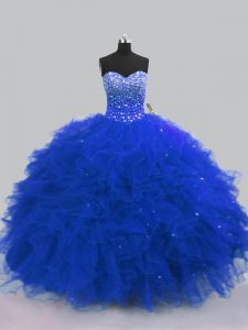 Luxurious Royal Blue Lace Up Sweet 16 Dress Beading and Ruffles Sleeveless Floor Length