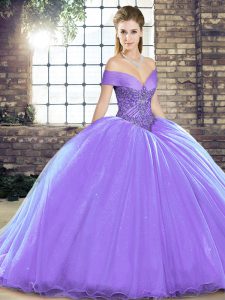 Lavender Ball Gown Prom Dress Military Ball and Sweet 16 and Quinceanera with Beading Off The Shoulder Sleeveless Brush Train Lace Up