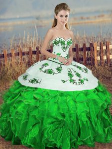 Green Sleeveless Embroidery and Ruffles and Bowknot Floor Length Quince Ball Gowns