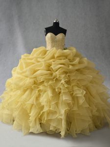 Yellow Sweetheart Lace Up Beading and Ruffles Sweet 16 Quinceanera Dress Sleeveless