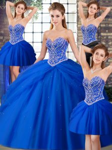 Dazzling Royal Blue Lace Up Sweet 16 Dresses Beading and Pick Ups Sleeveless Brush Train