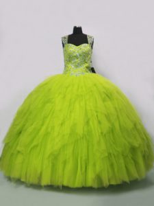 Yellow Green Sleeveless Floor Length Beading and Ruffles Lace Up Quinceanera Dress