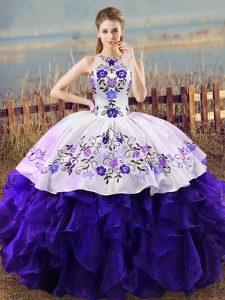 Floor Length White And Purple Sweet 16 Dresses Organza Sleeveless Embroidery and Ruffles