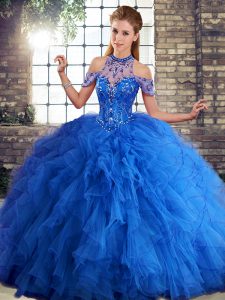 Royal Blue Sweet 16 Dress Military Ball and Sweet 16 and Quinceanera with Beading and Ruffles Halter Top Sleeveless Lace Up