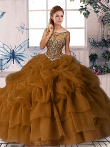 Romantic Brown Sleeveless Brush Train Beading and Pick Ups 15 Quinceanera Dress