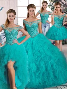 Sexy Aqua Blue Ball Gowns Tulle Off The Shoulder Long Sleeves Beading and Ruffles Lace Up Vestidos de Quinceanera Brush Train