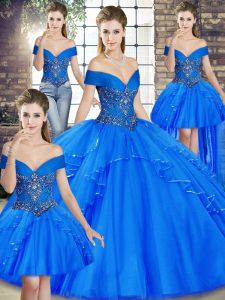 Great Off The Shoulder Sleeveless Quince Ball Gowns Floor Length Beading and Ruffles Royal Blue Tulle