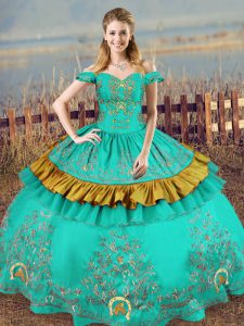 Ideal Turquoise Off The Shoulder Neckline Embroidery Quinceanera Dresses Sleeveless Lace Up