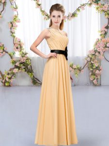 Sleeveless Chiffon Floor Length Zipper Dama Dress for Quinceanera in Orange with Belt