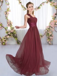 Burgundy Empire Chiffon One Shoulder Sleeveless Ruching Floor Length Lace Up Quinceanera Court Dresses