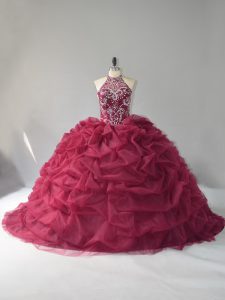 Burgundy Organza Lace Up Halter Top Sleeveless Quinceanera Dresses Court Train Beading and Pick Ups