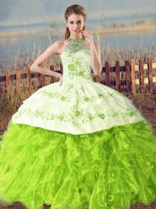 Popular Court Train Ball Gowns Sweet 16 Dresses Halter Top Organza Sleeveless Floor Length Lace Up