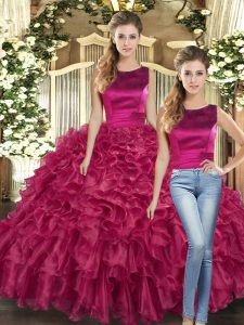 Two Pieces Quince Ball Gowns Fuchsia Scoop Organza Sleeveless Floor Length Lace Up