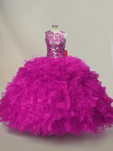 Fuchsia Sweet 16 Dresses Sweet 16 and Quinceanera with Ruffles and Sequins Scoop Sleeveless Lace Up
