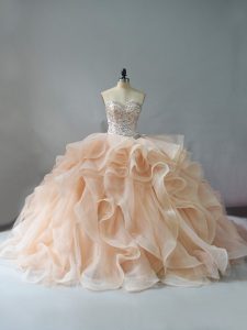 Sweet Ball Gowns Sleeveless Champagne and Pink And White 15 Quinceanera Dress Brush Train Lace Up
