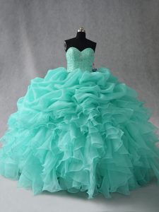 Simple Sleeveless Organza Floor Length Lace Up Vestidos de Quinceanera in Aqua Blue with Beading and Ruffles and Pick Ups