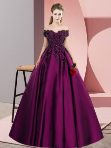 Best Purple Satin Zipper Off The Shoulder Sleeveless Floor Length Ball Gown Prom Dress Lace