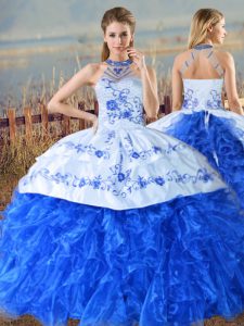 Halter Top Sleeveless Organza Sweet 16 Quinceanera Dress Embroidery and Ruffles Court Train Lace Up