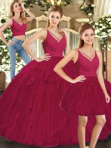 Sweet Red Sleeveless Tulle Lace Up Sweet 16 Dress for Sweet 16 and Quinceanera