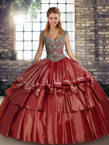 Perfect Rust Red Straps Lace Up Beading and Ruffled Layers Quinceanera Gown Sleeveless