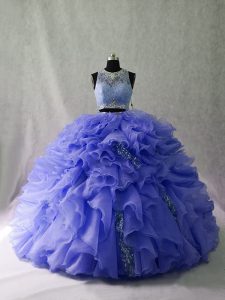 Organza Sleeveless Quinceanera Gown Brush Train and Ruffles and Sequins