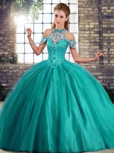 Brush Train Ball Gowns 15 Quinceanera Dress Turquoise Halter Top Tulle Sleeveless Lace Up