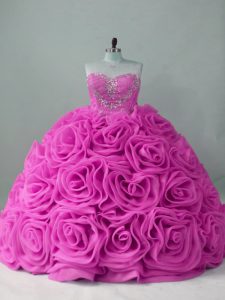 Lilac Lace Up Sweetheart Beading Sweet 16 Quinceanera Dress Fabric With Rolling Flowers Sleeveless Sweep Train