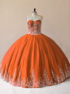 Orange Ball Gowns Tulle Sweetheart Sleeveless Embroidery Floor Length Lace Up Quinceanera Dress