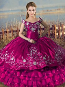 Off The Shoulder Sleeveless Satin and Organza Sweet 16 Quinceanera Dress Embroidery and Ruffled Layers Lace Up