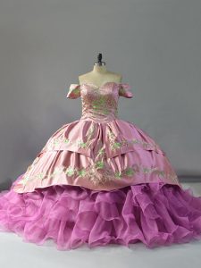 Lilac Sleeveless Organza Chapel Train Lace Up Quinceanera Gowns for Sweet 16 and Quinceanera