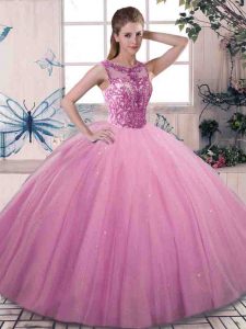 Rose Pink Tulle Lace Up 15 Quinceanera Dress Sleeveless Floor Length Beading