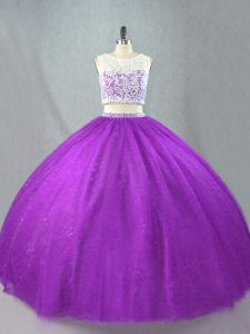 Purple Two Pieces Tulle Scoop Sleeveless Beading Floor Length Zipper 15 Quinceanera Dress
