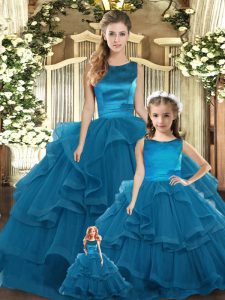 Best Teal Ball Gowns Tulle Scoop Sleeveless Ruffles Floor Length Lace Up Sweet 16 Dresses