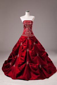 New Style Wine Red Lace Up Strapless Embroidery and Pick Ups Quinceanera Dress Taffeta Sleeveless Brush Train