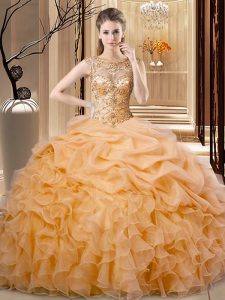 Orange Ball Gowns Scoop Sleeveless Organza Floor Length Lace Up Beading and Ruffles Quinceanera Dress