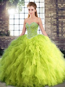 Popular Yellow Green Ball Gowns Beading and Ruffles Sweet 16 Dress Lace Up Tulle Sleeveless Floor Length