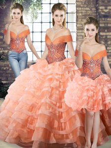 Dramatic Peach Three Pieces Beading and Ruffled Layers Quinceanera Dresses Lace Up Organza Sleeveless