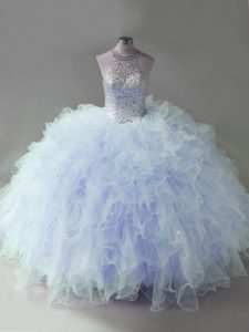 Lavender Ball Gowns Halter Top Sleeveless Tulle Floor Length Lace Up Beading and Ruffles Ball Gown Prom Dress