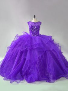 Decent Purple Scoop Neckline Beading and Ruffles Vestidos de Quinceanera Sleeveless Lace Up