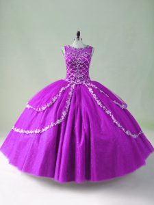 Free and Easy Floor Length Purple 15 Quinceanera Dress Tulle Sleeveless Beading and Appliques