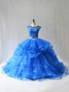 Royal Blue Sleeveless Brush Train Beading and Lace Ball Gown Prom Dress
