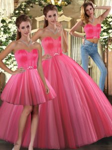Sleeveless Floor Length Beading Lace Up Ball Gown Prom Dress with Coral Red