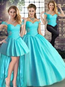 Aqua Blue Lace Up Off The Shoulder Beading Quince Ball Gowns Tulle Sleeveless
