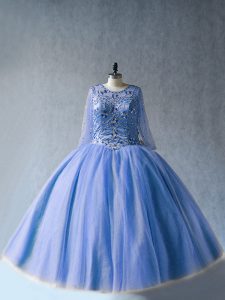 High Quality Blue Long Sleeves Floor Length Beading Lace Up Ball Gown Prom Dress