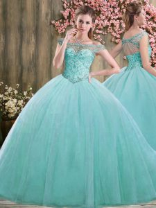 Custom Design Blue Tulle Lace Up Off The Shoulder Sleeveless Floor Length Ball Gown Prom Dress Beading