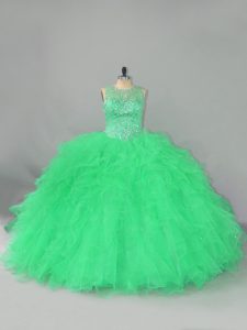 Best Selling Green Lace Up Scoop Beading and Ruffles Quince Ball Gowns Tulle Sleeveless