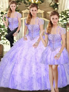Stylish Sleeveless Floor Length Beading and Appliques and Ruffles Lace Up Quinceanera Dresses with Lavender