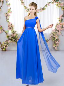 Royal Blue Chiffon Lace Up One Shoulder Sleeveless Floor Length Dama Dress for Quinceanera Beading and Hand Made Flower