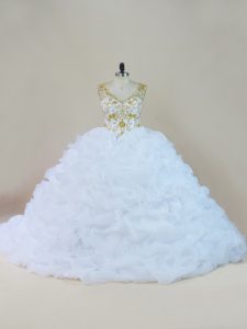White Ball Gowns Organza V-neck Sleeveless Beading and Pick Ups Lace Up Quinceanera Dresses Brush Train